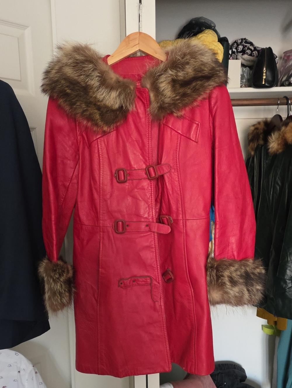 Vintage Red Leather Coat with Faux Fur Trim